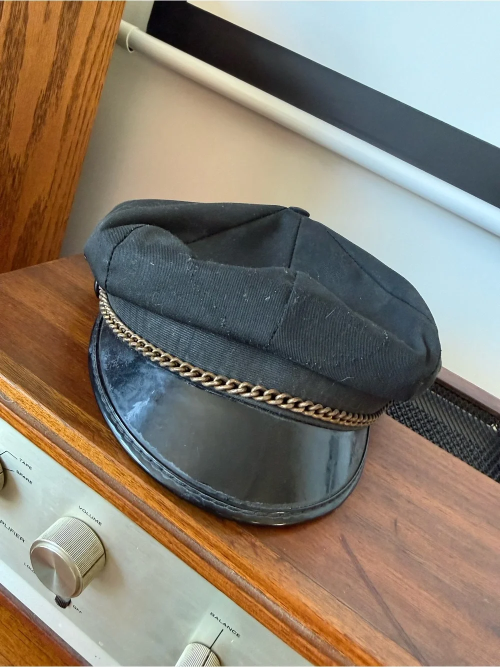 Vintage Black Baker Boy Motorcycle Cap with Gold Chain Trim